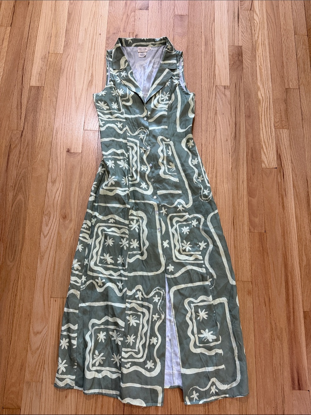 Vrg Grl Green Collared Printed Button Down Dress Sz AU10